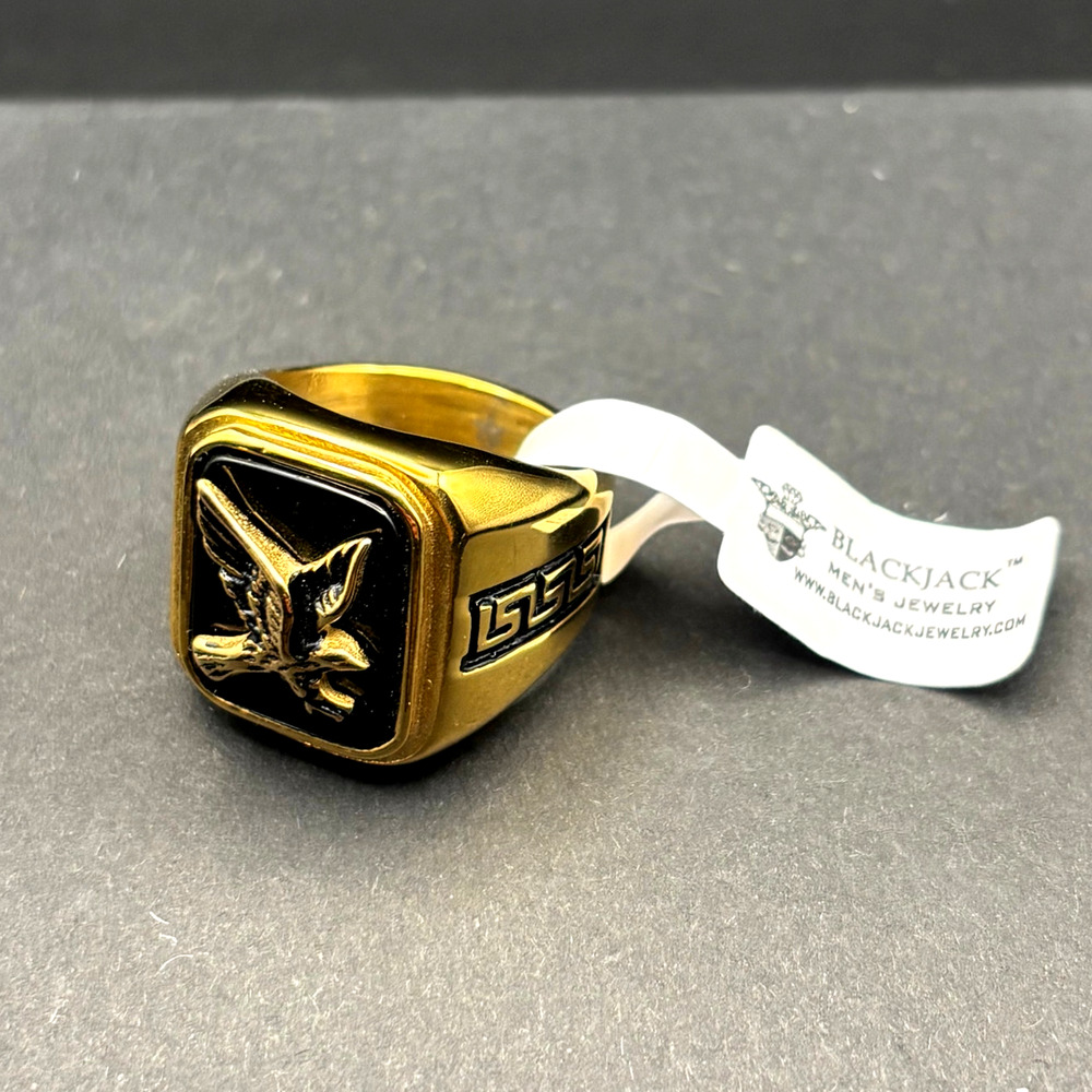 Blackjack BJZ03G Mens Onyx Eagle Ring 18K Gold Plated Stainless Steel NWT SZ#13 - Picture 3 of 16